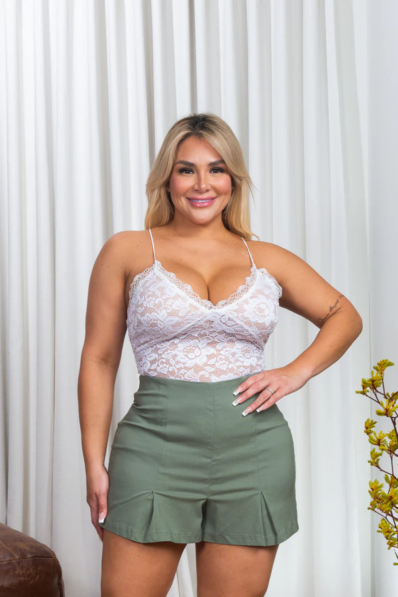 Plus Size Mini Shorts with Box Pleat Hem in Sage