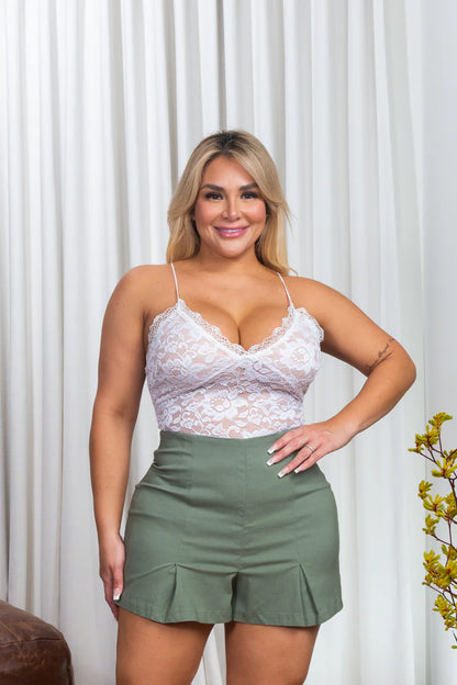 Plus Size Mini Shorts with Box Pleat Hem in Sage