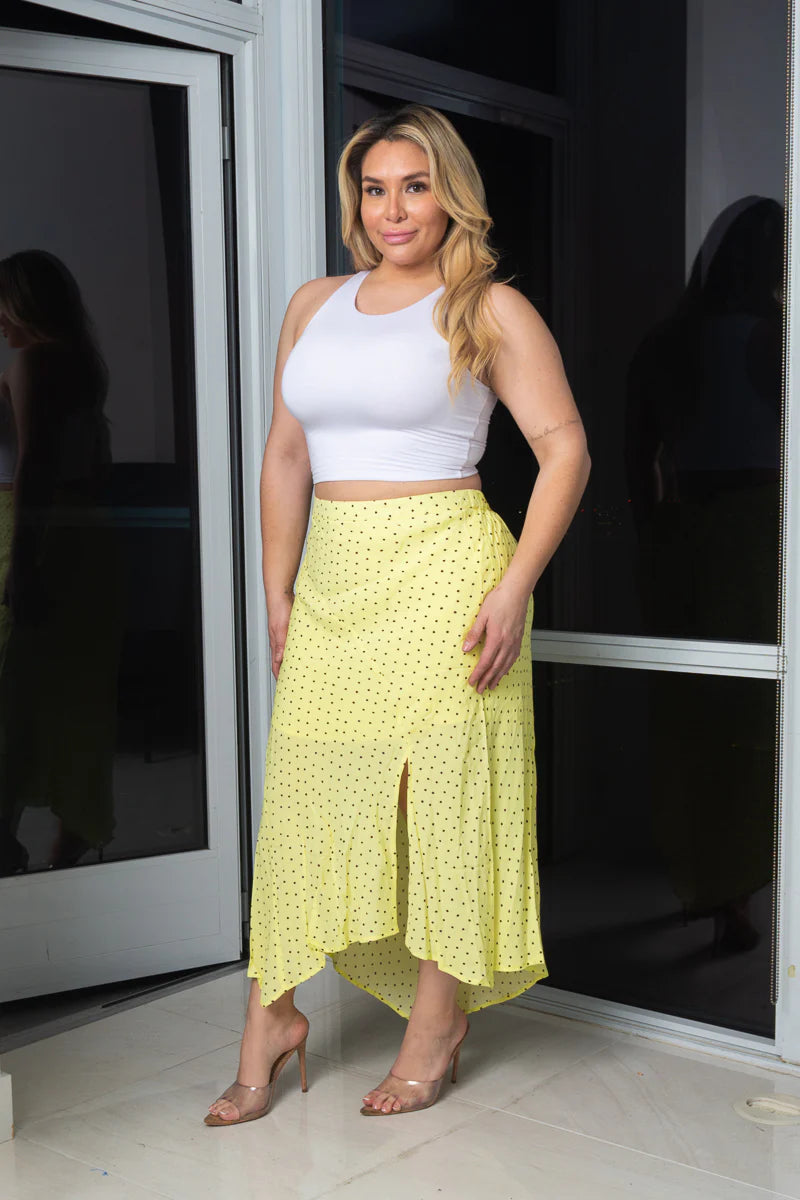 Plus Size Polka Dots Print Asymmetrical Long Skirt Half Lining W/Front Thigh Slit