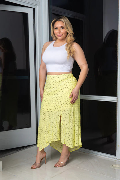 Plus Size Polka Dots Print Asymmetrical Long Skirt Half Lining W/Front Thigh Slit