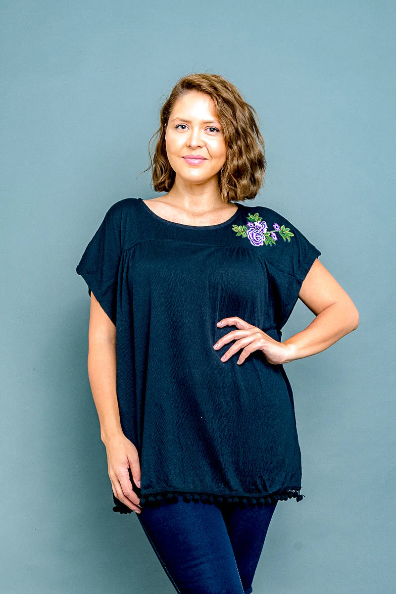 Plus Size Purple Rose Embroidered Cap Sleeve Top with Pom Fringe Hem