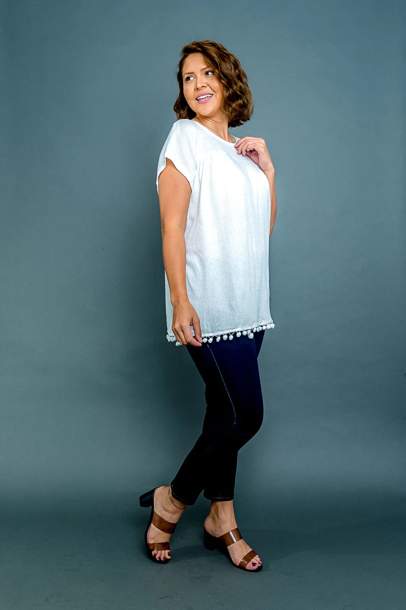 Plus Size Purple Rose Embroidered Cap Sleeve Top with Pom Fringe Hem