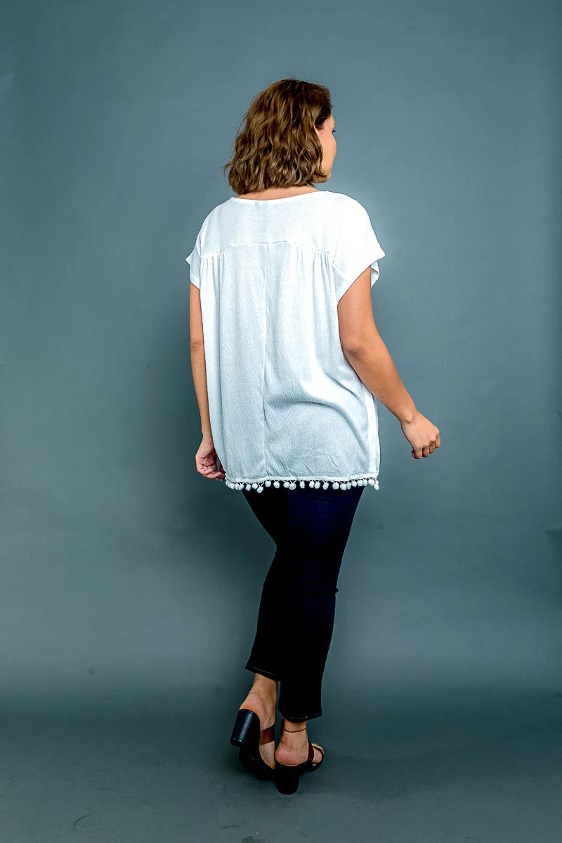 Plus Size Purple Rose Embroidered Cap Sleeve Top with Pom Fringe Hem