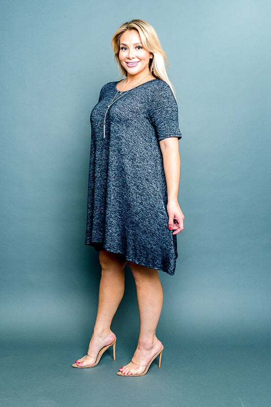 Plus Size Scoop Neck Short Sleeve Handkerchief Hem Midi Dress with Necklace