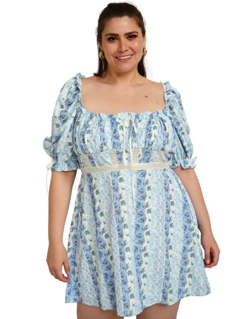 Plus Size Short Puff Sleeve Elastic Waist Floral Mini Dress