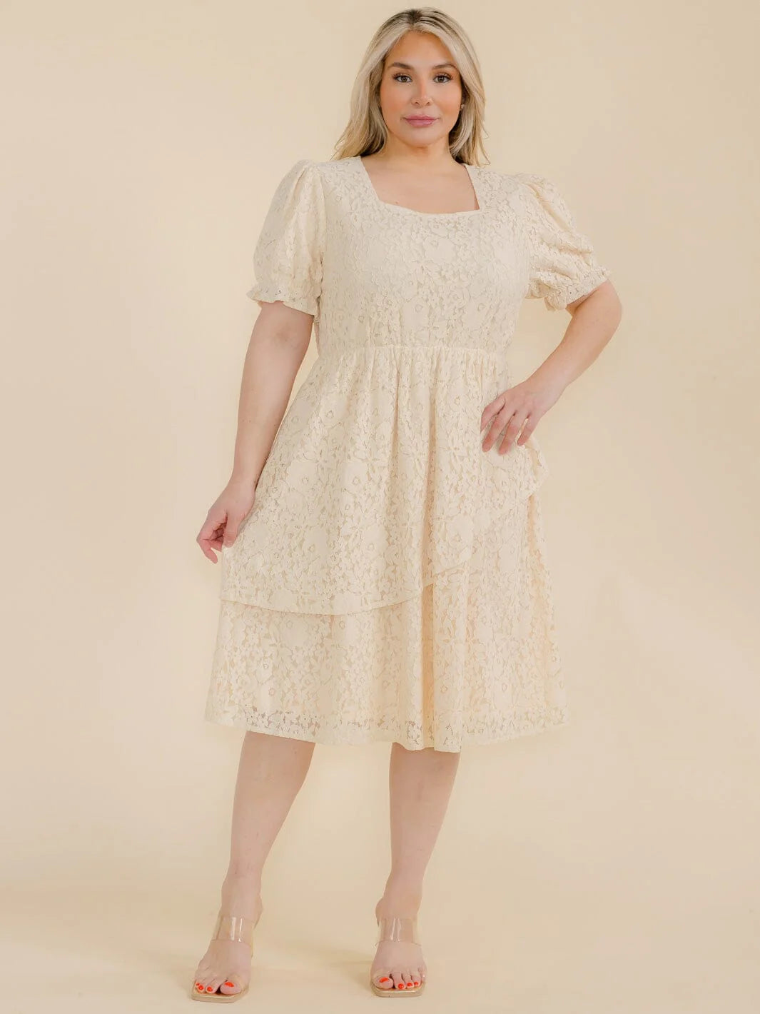 Plus Size Short Sleeve Lace Floral Tiered Midi Dress