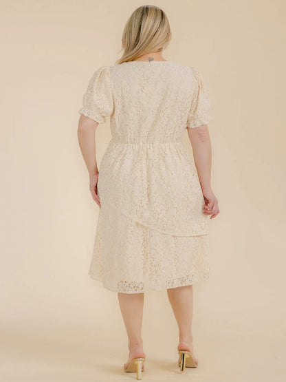 Plus Size Short Sleeve Lace Floral Tiered Midi Dress