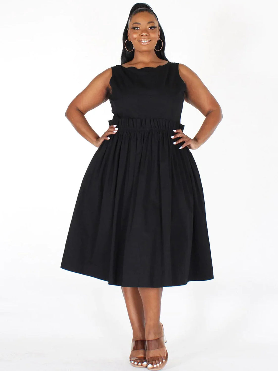Plus Size Sleeveless Back Button Up Pockets Fit &amp; Flare Midi Dress