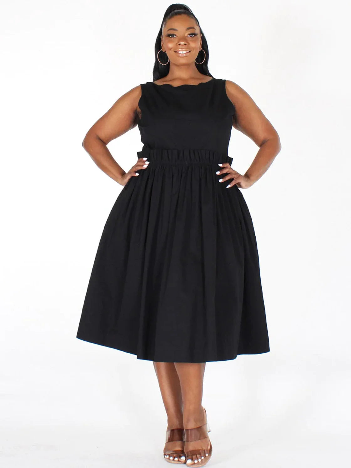 Plus Size Sleeveless Back Button Up Pockets Fit &amp; Flare Midi Dress