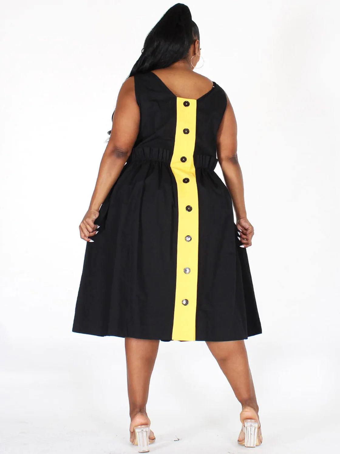 Plus Size Sleeveless Back Button Up Pockets Fit &amp; Flare Midi Dress