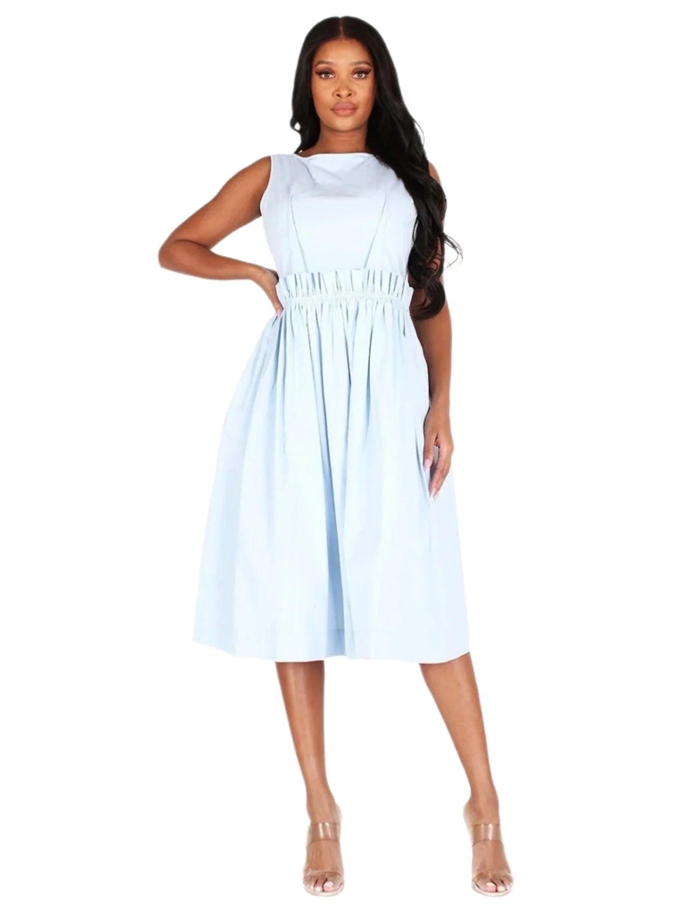 Plus Size Sleeveless Back Button Up Pockets Fit & Flare Midi Dress