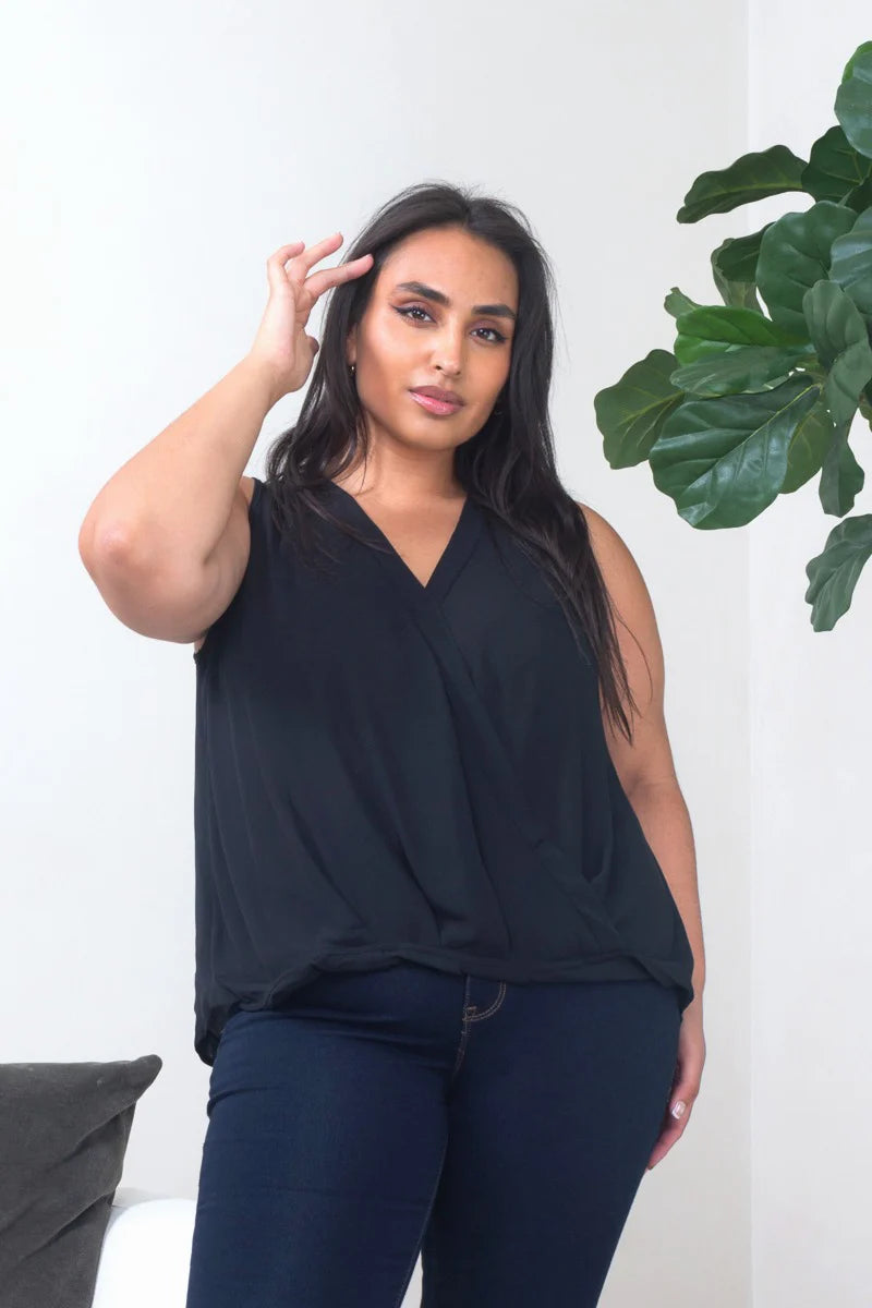 Plus Size Sleeveless Crepe Chiffon Surplice Neck Wrap Top in Black