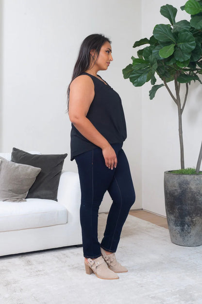 Plus Size Sleeveless Crepe Chiffon Surplice Neck Wrap Top in Black