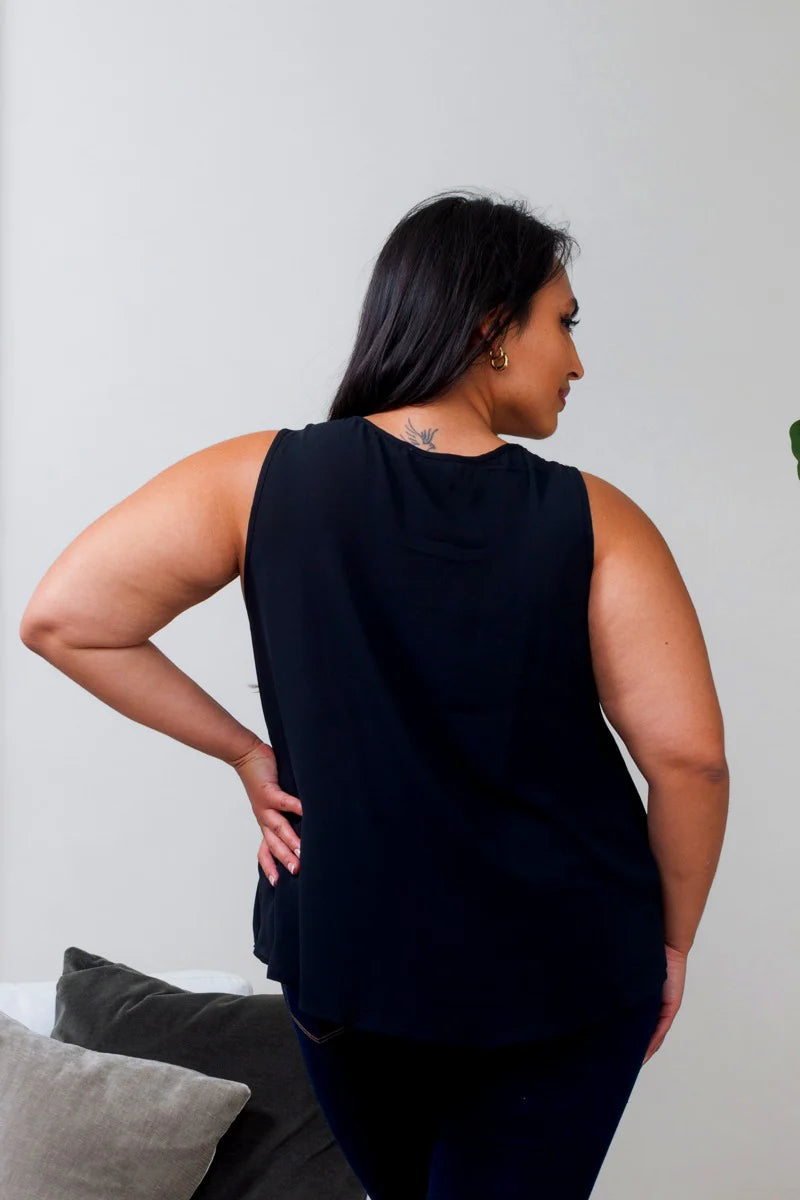 Plus Size Sleeveless Crepe Chiffon Surplice Neck Wrap Top in Black