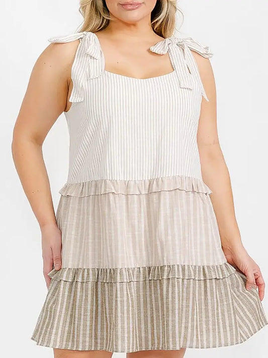 Plus Size Sleeveless Tiered Colorblock Stripes Tunic Mini Dress