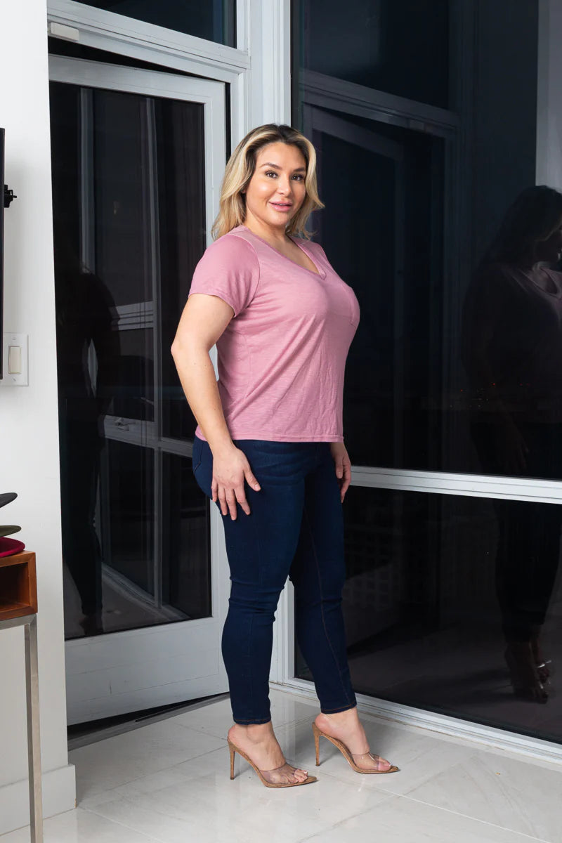 Plus Size Soft V-Neck Short Sleeve Tee Shirt with Front Pocket*