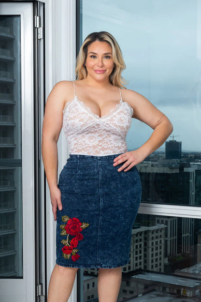Plus Size Stretch Embroidered Flower Denim Midi Length Pencil Skirt with Back Vent