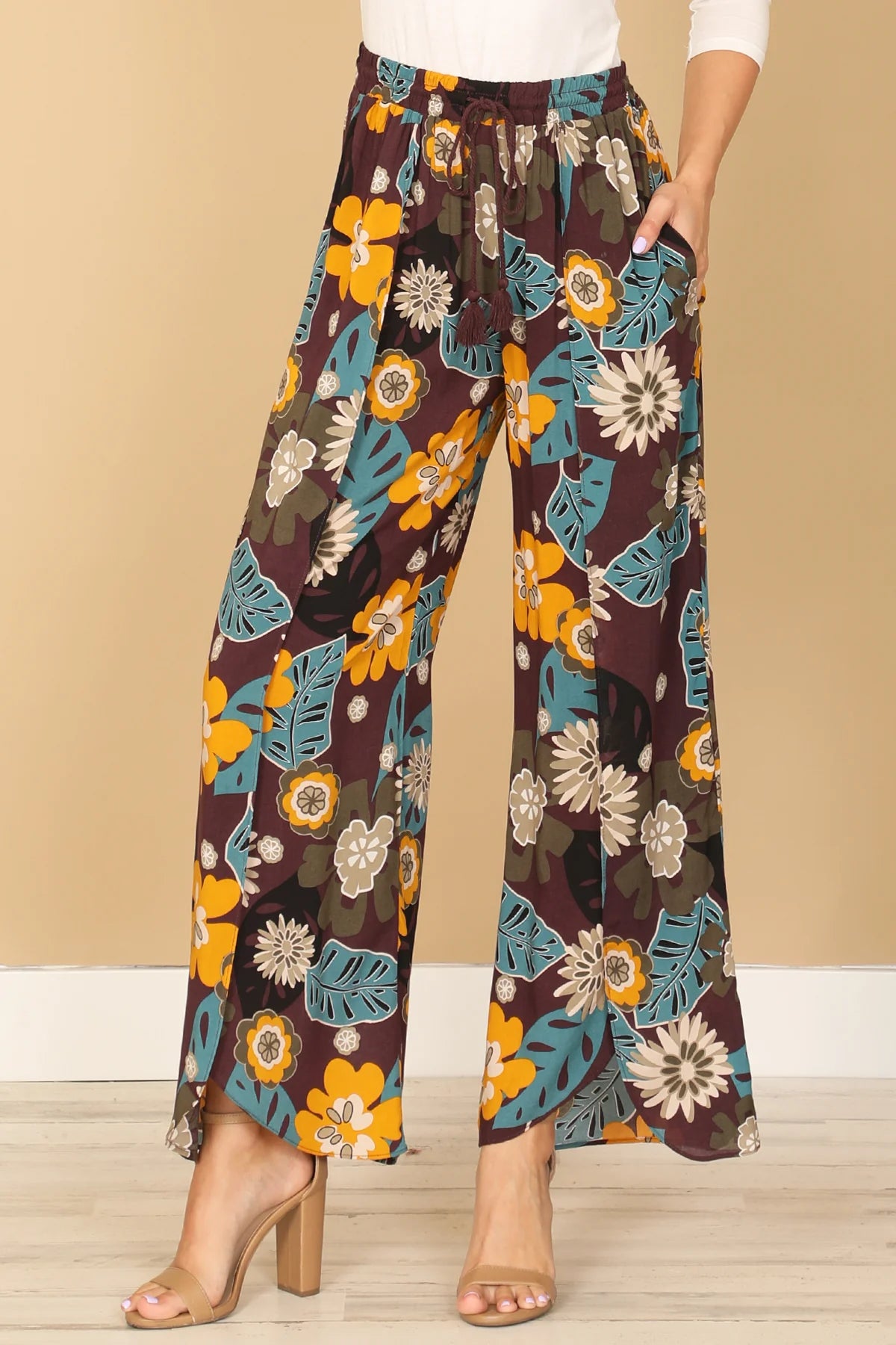 Purple Yellow Printed Tulip Pants