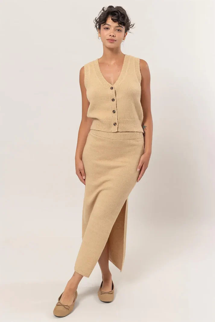 Ribbed Knit Button Front Sleeveless Vest Top