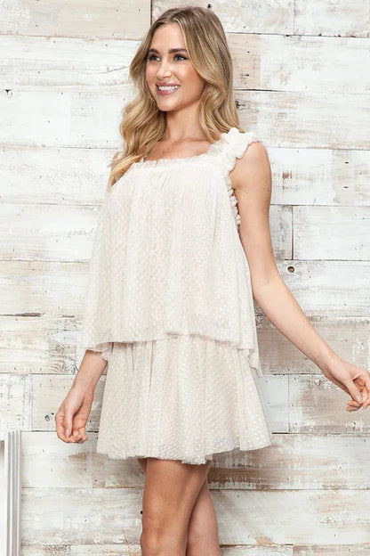 Romantic Swiss Dot Ruffled Square Neck Two-Piece Mini Skirt Set