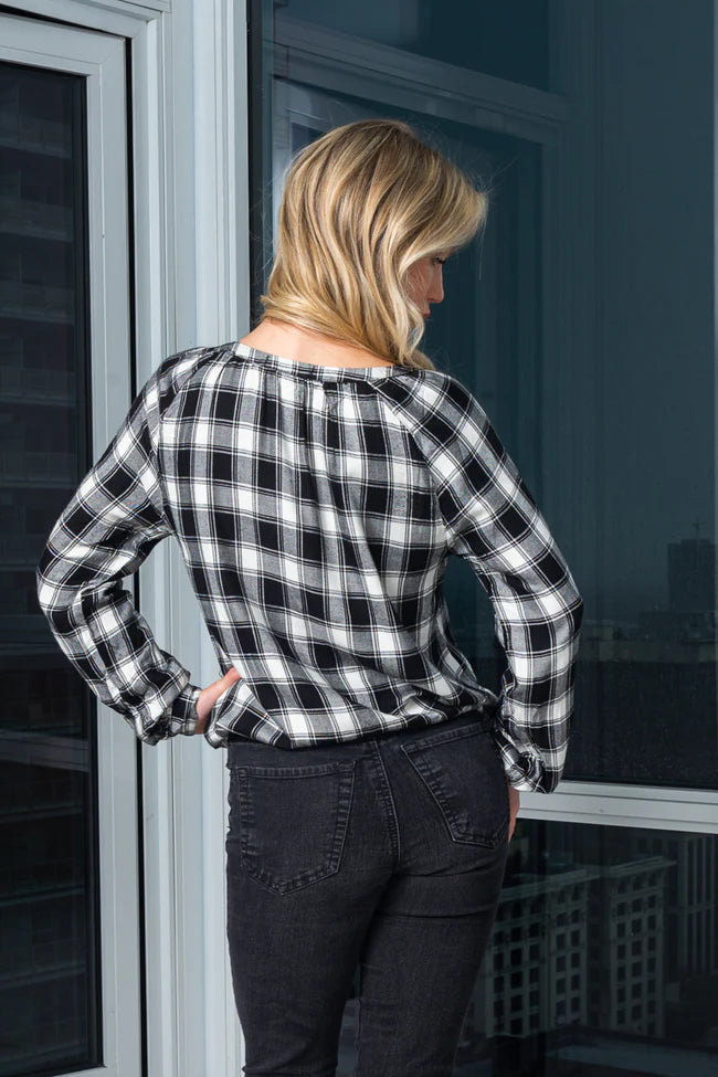 Round Neck 3/4 Sleeve Roll-up Plaid Print Top With Elastic Detail On Waist