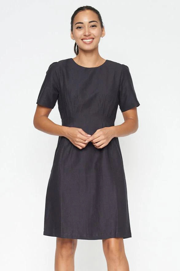 Round Neck Short Sleeve Solid Midi Dress With Zipper Back