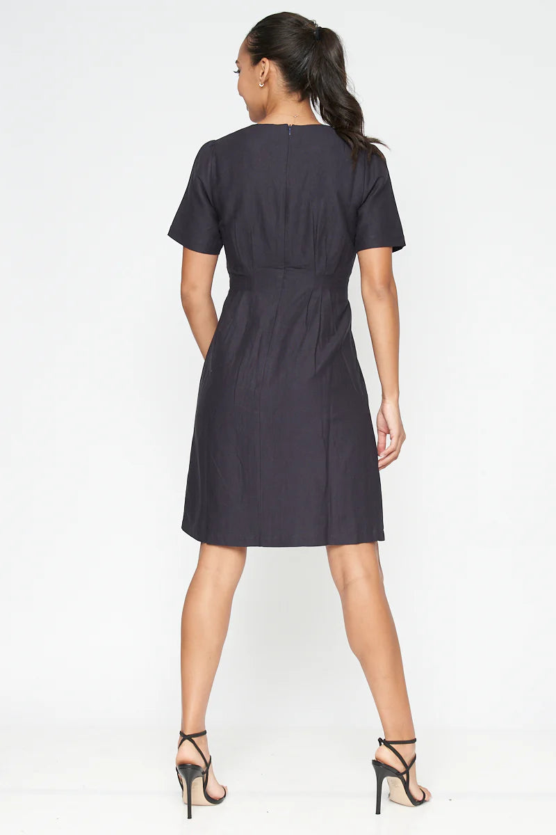 Round Neck Short Sleeve Solid Midi Dress With Zipper Back