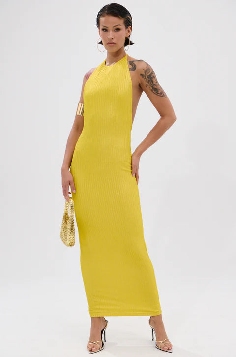 Struck Gold Metallic Midi Dress in Yellow