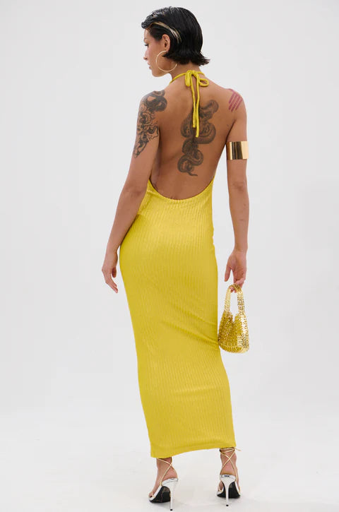 Struck Gold Metallic Midi Dress in Yellow