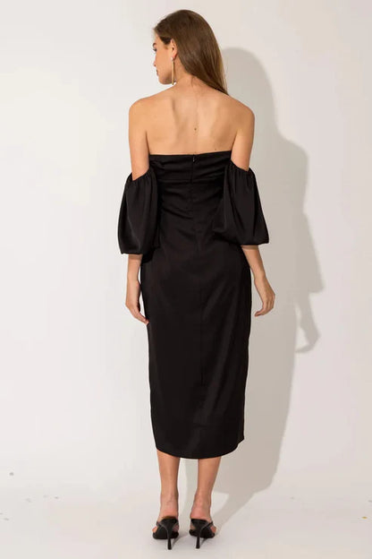 Satin Off Shoulder Puff Sleeve Midi Dress