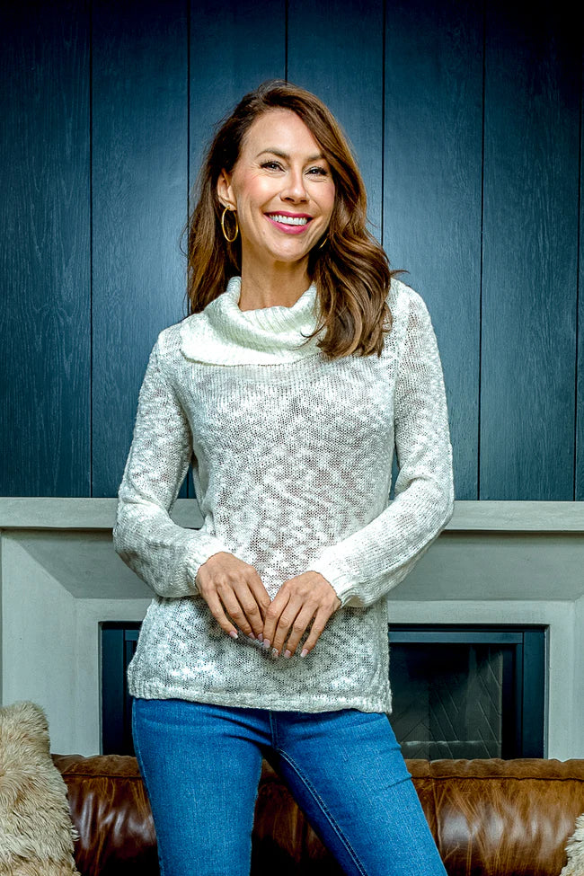 Sexy see-trough Cowl Neck Open Knit Long Sleeve Sweater