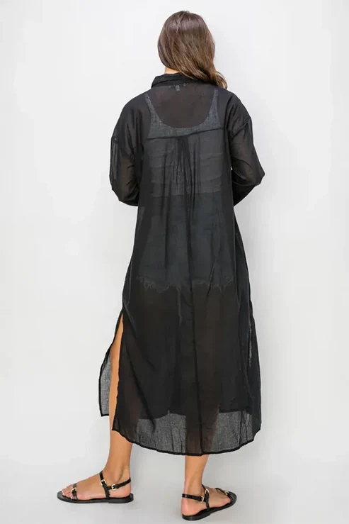Sheer Linen Button-Down Side Slits Beach Cover-Up