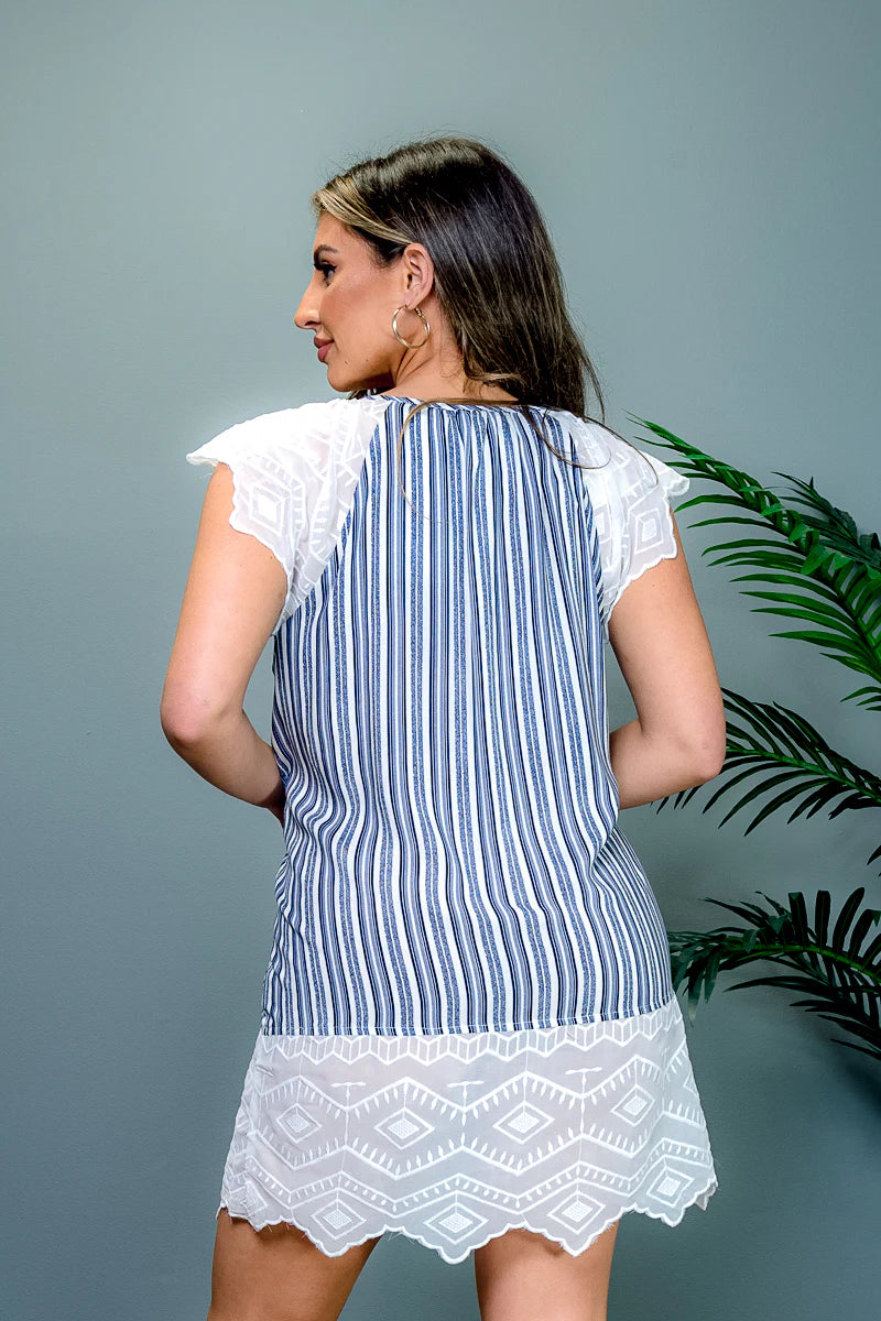 Stripe & Embroidered Lace Cap Sleeve A-Line Mini Dress with Keyhole Tie Front in Navy & White