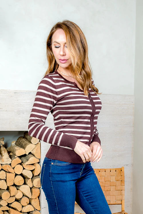 Striped Zip Front Long Sleeve Sweater Knit Cardigan in Mocha Latte