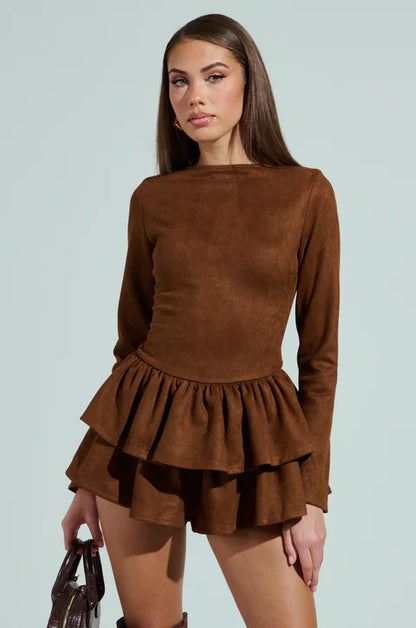 Suede Ruffle Long Sleeve Romper