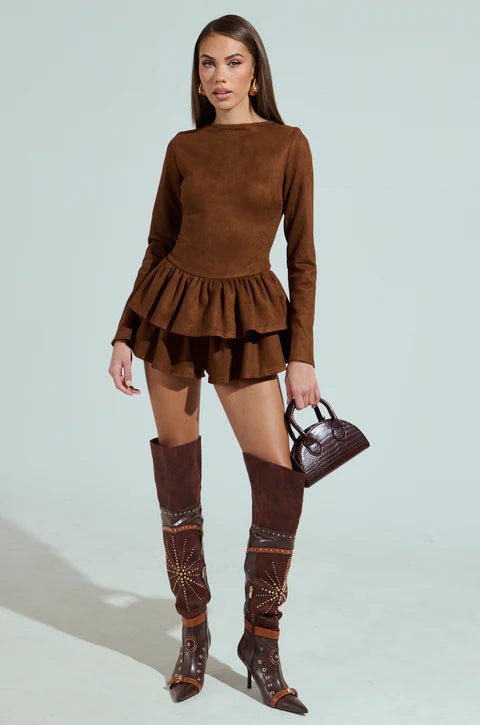 Suede Ruffle Long Sleeve Romper