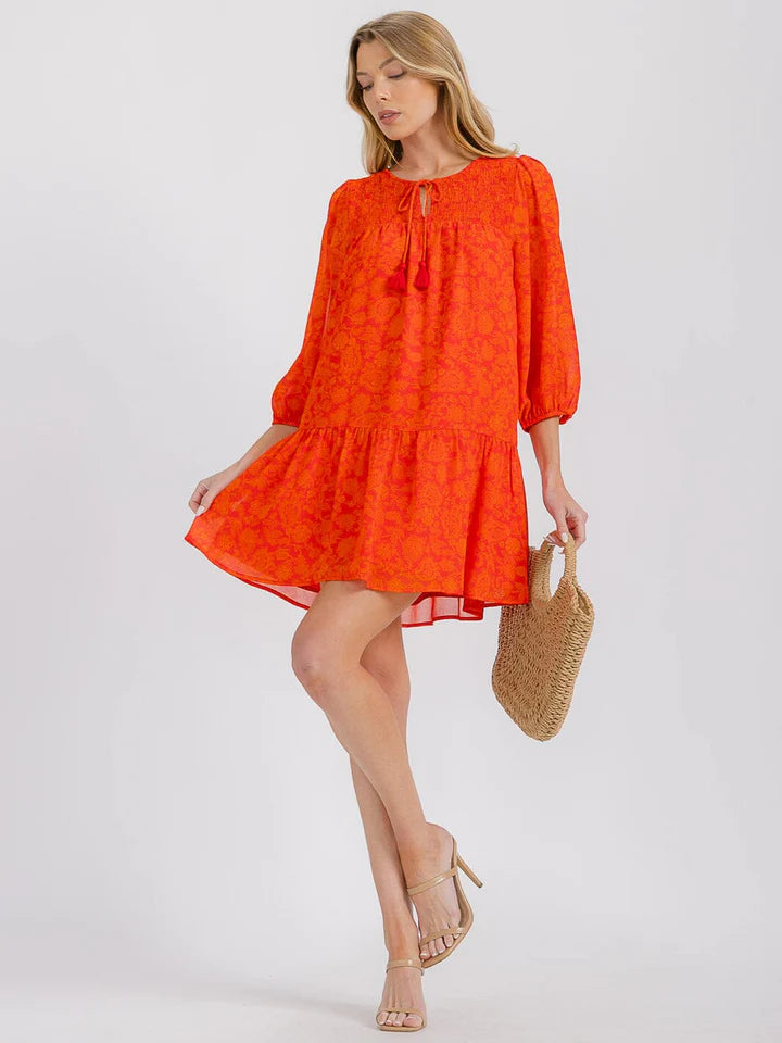 Women's 3-4 Sleeveless Front Pockets V-Neck Tiered Floral Mini Dress