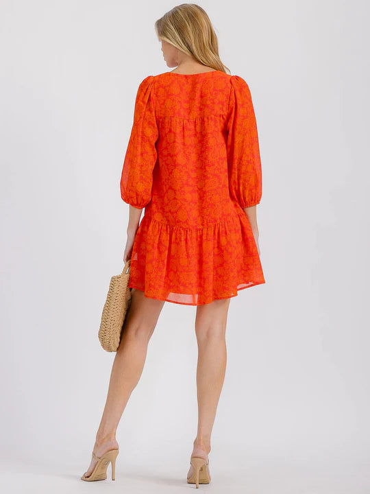 Women's 3-4 Sleeveless Front Pockets V-Neck Tiered Floral Mini Dress