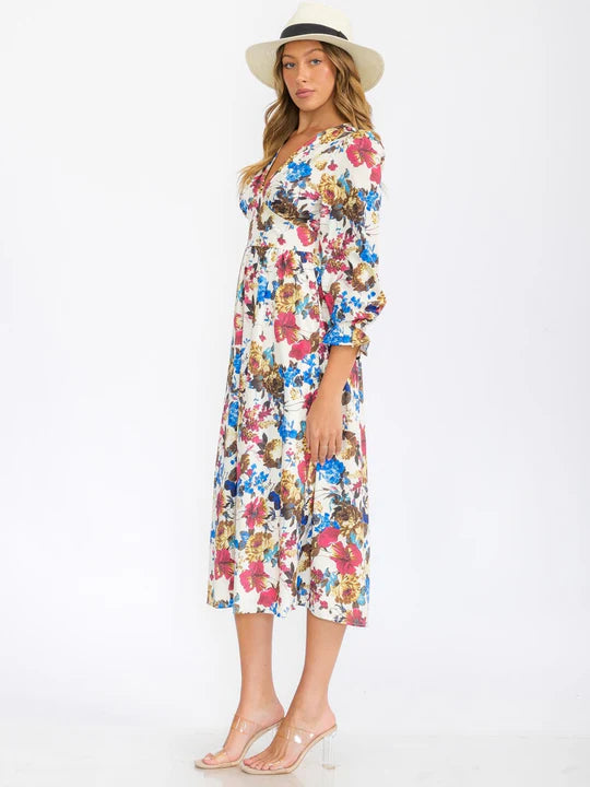 Women's 3-4 Sleeves V-Neck Elastic Waist Floral Print Midi Dress