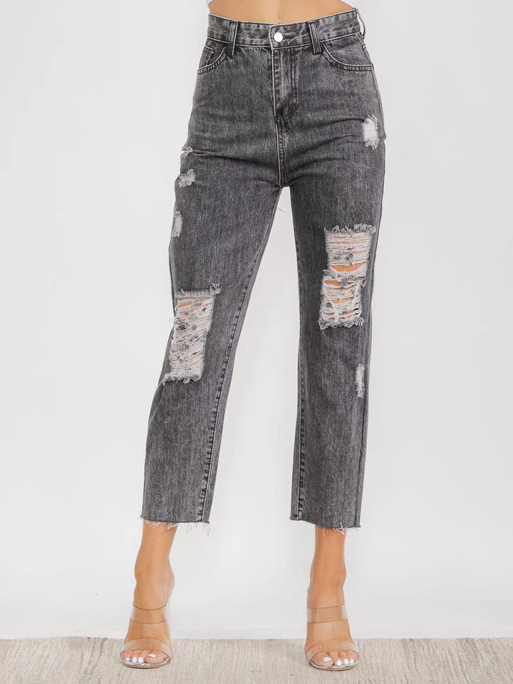 Women's Button Closure Front Pockets Distress Denim Pants