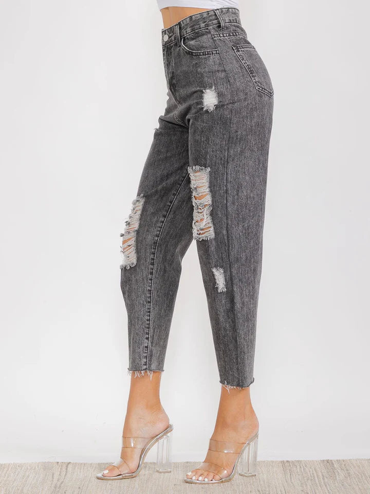 Women's Button Closure Front Pockets Distress Denim Pants