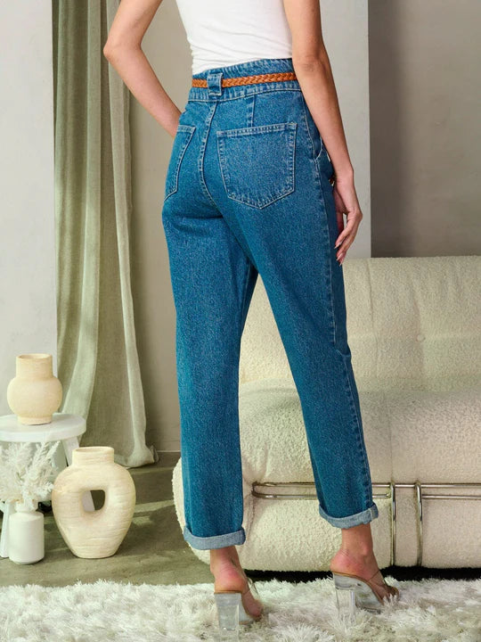 Women's Button Closure High Waist Belted Wide Leg Denim Pants