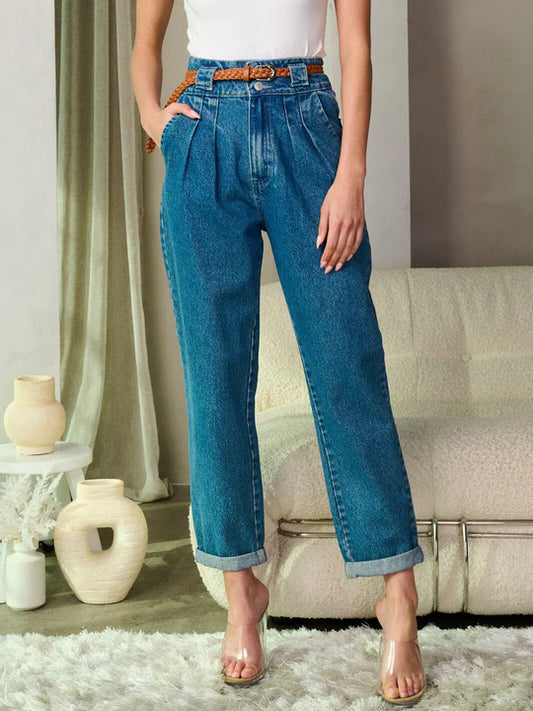 Women's Button Closure High Waist Belted Wide Leg Denim Pants