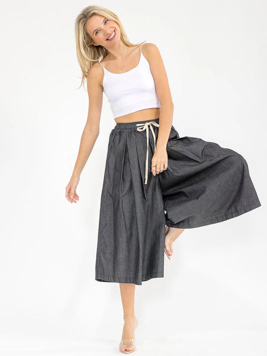 Women’s Elastic Waist Front Pockets Wide Leg Palazzo Denim Pants