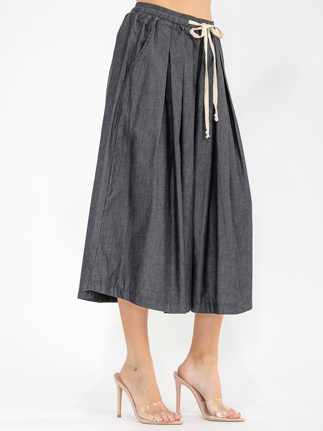 Women’s Elastic Waist Front Pockets Wide Leg Palazzo Denim Pants