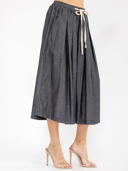 Women’s Elastic Waist Front Pockets Wide Leg Palazzo Denim Pants