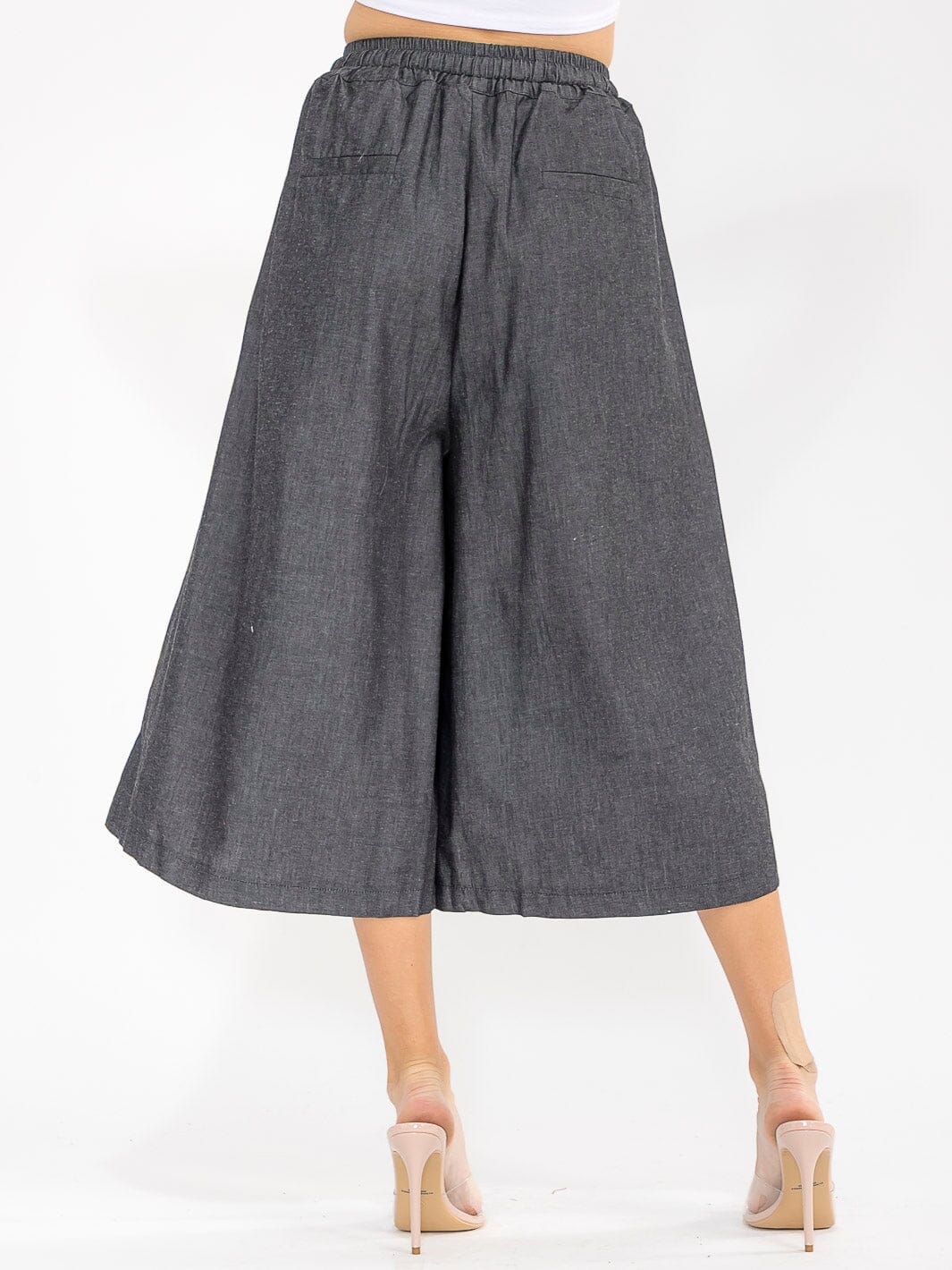 Women’s Elastic Waist Front Pockets Wide Leg Palazzo Denim Pants