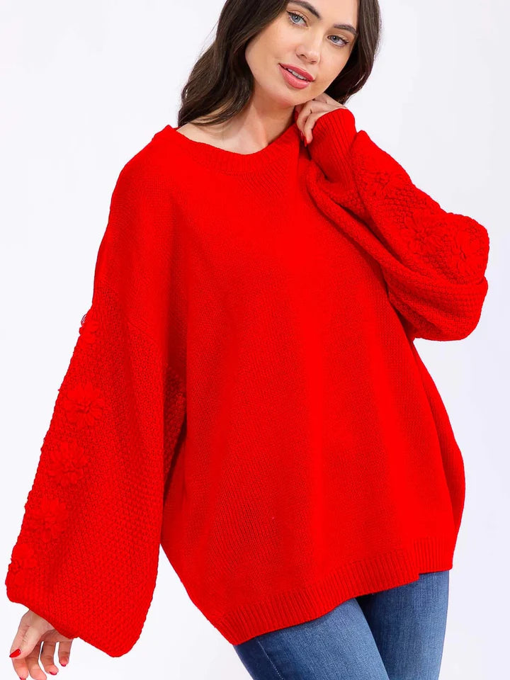 Women's Long Balloon Sleeve Floral Embroidery Detailed Knit Pullover Sweater