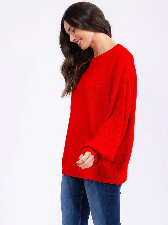 Women's Long Balloon Sleeve Floral Embroidery Detailed Knit Pullover Sweater