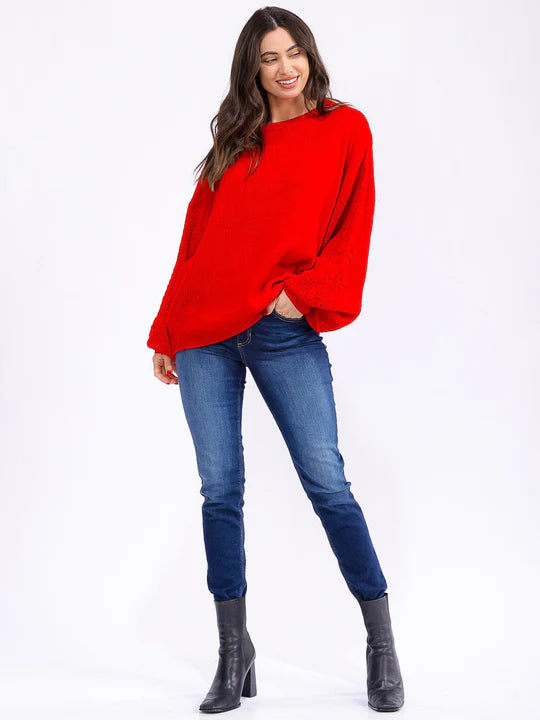 Women's Long Balloon Sleeve Floral Embroidery Detailed Knit Pullover Sweater